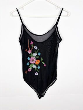 Zara bodysuit Size Small Black Mesh Floral Embroidered Sheer